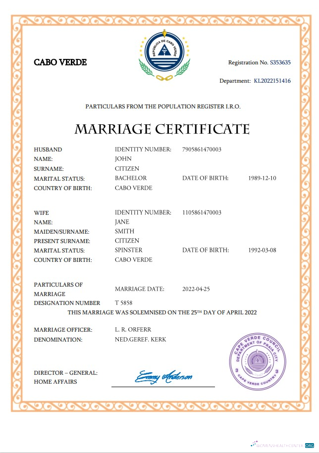 Download Cabo Verde marriage certificate Word and PDF template Photoshop template